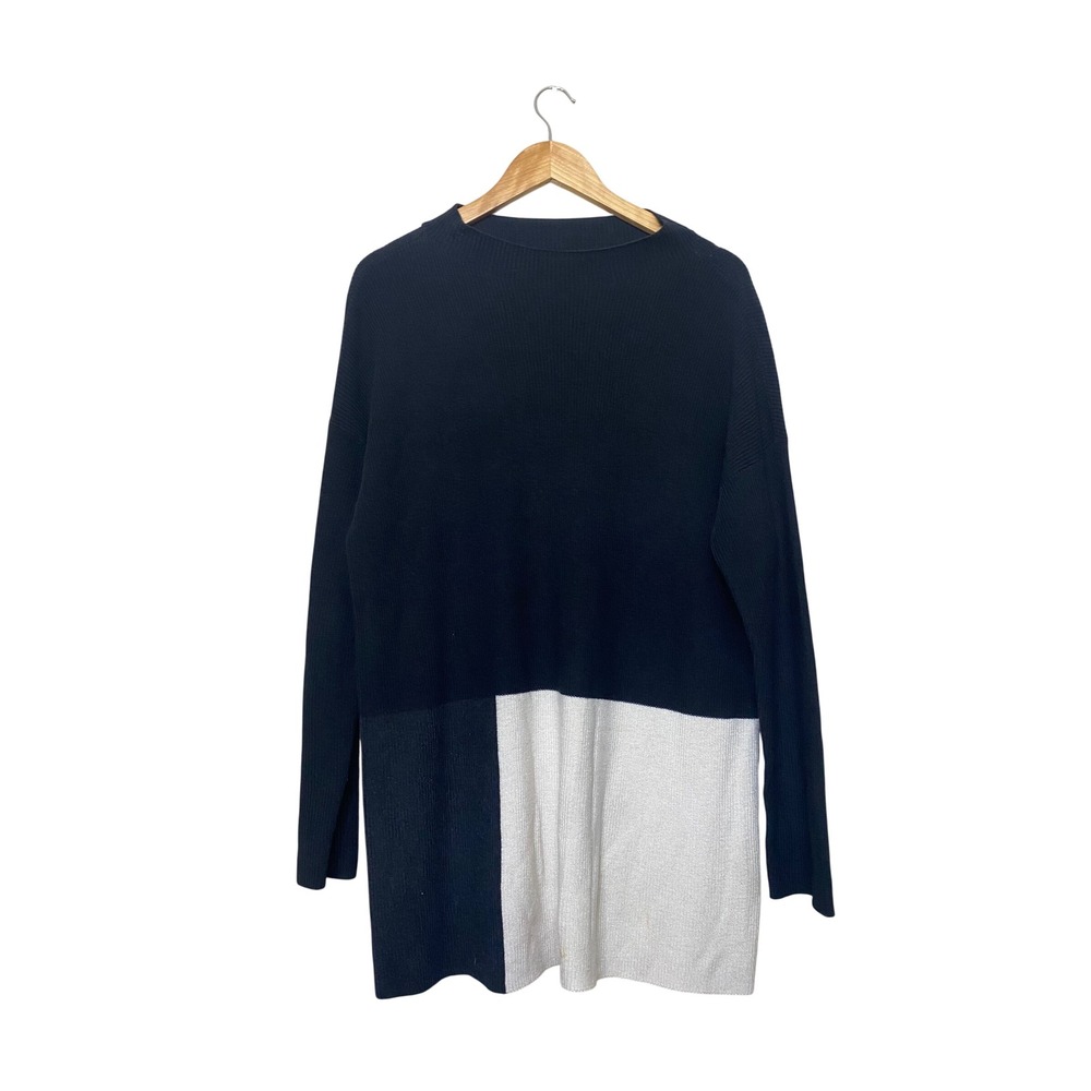 Eileen Fisher Silk Blend Colorblock Ribbed Tunic Sweater Navy Cream Medium